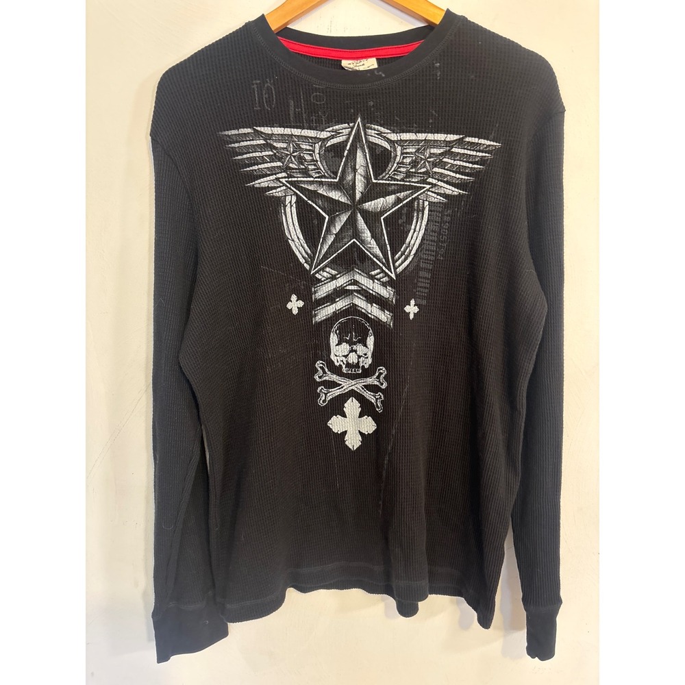 Mens Black Waffle Knit Thermal Long Sleeve Graphic Skull Star Shirt